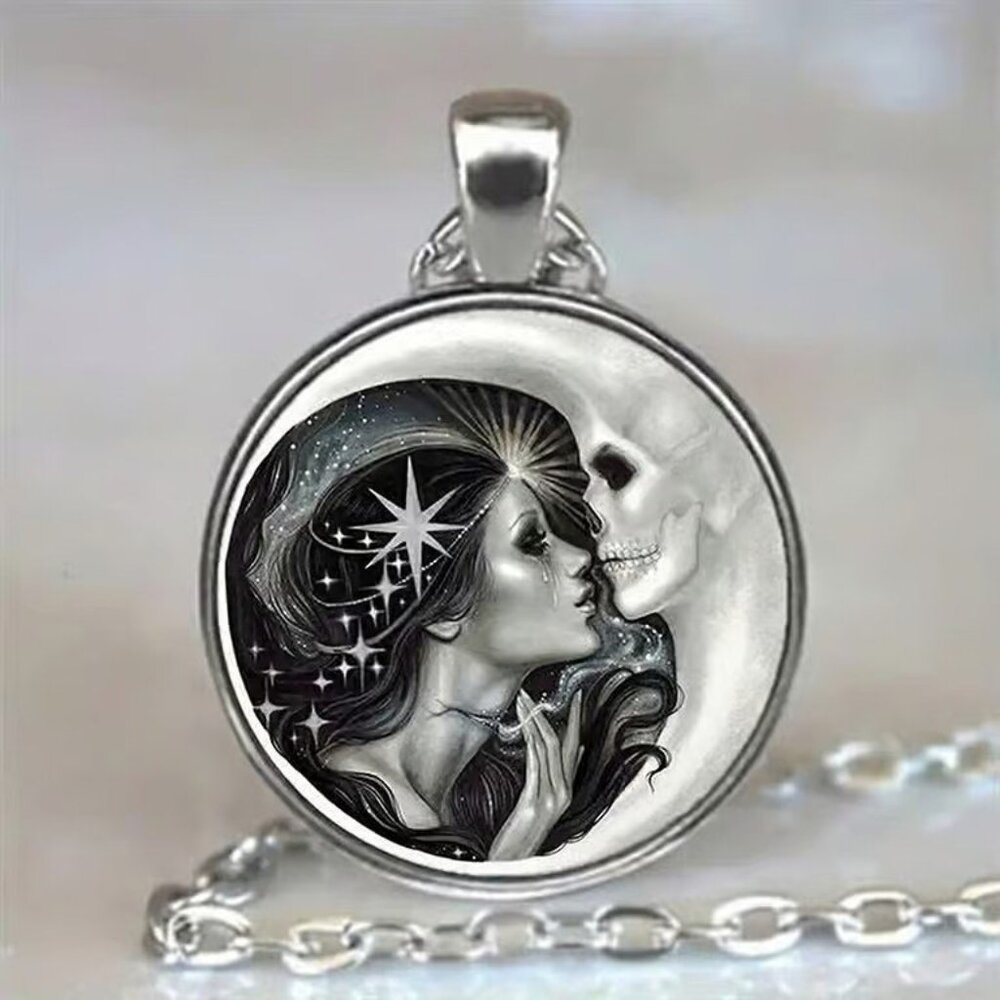 Silver MOON KISS Celestial Glass Cabochon Pendant Necklace
